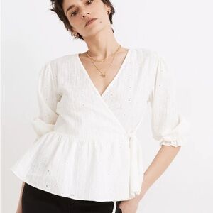 Madewell Embroidered Eyelet Puff-Sleeve Peplum Wrap Top